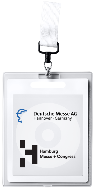 Badge plastique et logos Deutsche Messe AG et Hamburg Messe